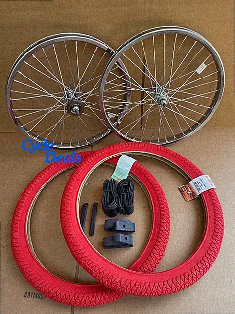 20'' x 1.95 Bike HD Steel Rims Chrome 36 spokes Free Wheel, Red Tires Jump BMX