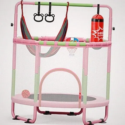 55" Trampoline for Kids with Enclosure, 6-in-1 Toddler Trampoline Pink & Green