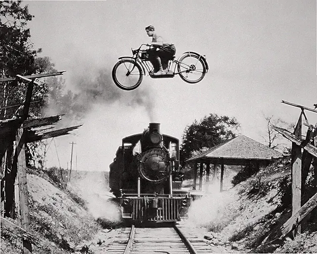 Daredevil Motorcycle Jumping Old Train Photo Print Dangerous Crossing 8x10 Art