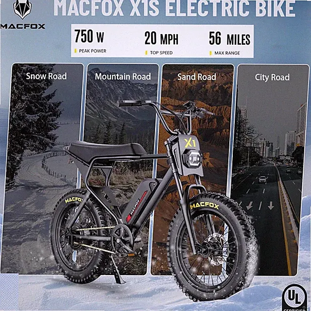 MACFOX X1S Electric Bike 500W/750W Peak, 56-Mile Range 20 MPH 20" Fat Tires