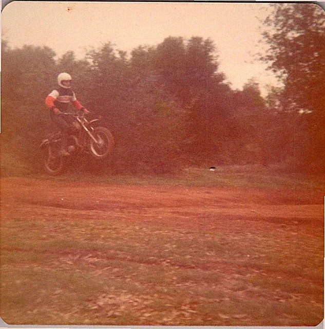 Vtg Color Snapshot Man Jumping Dirt Bike Motocross Racing Helmet Woods 1970s